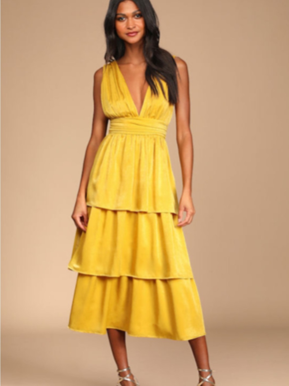Lulus Yellow Tiered V-Neck Midi Dress